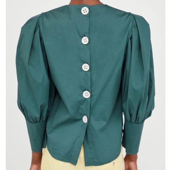 Zara Green Puff Sleeve Button Back Blouse Long Sleeve Cotton Poplin Size XS - Picture 8 of 11